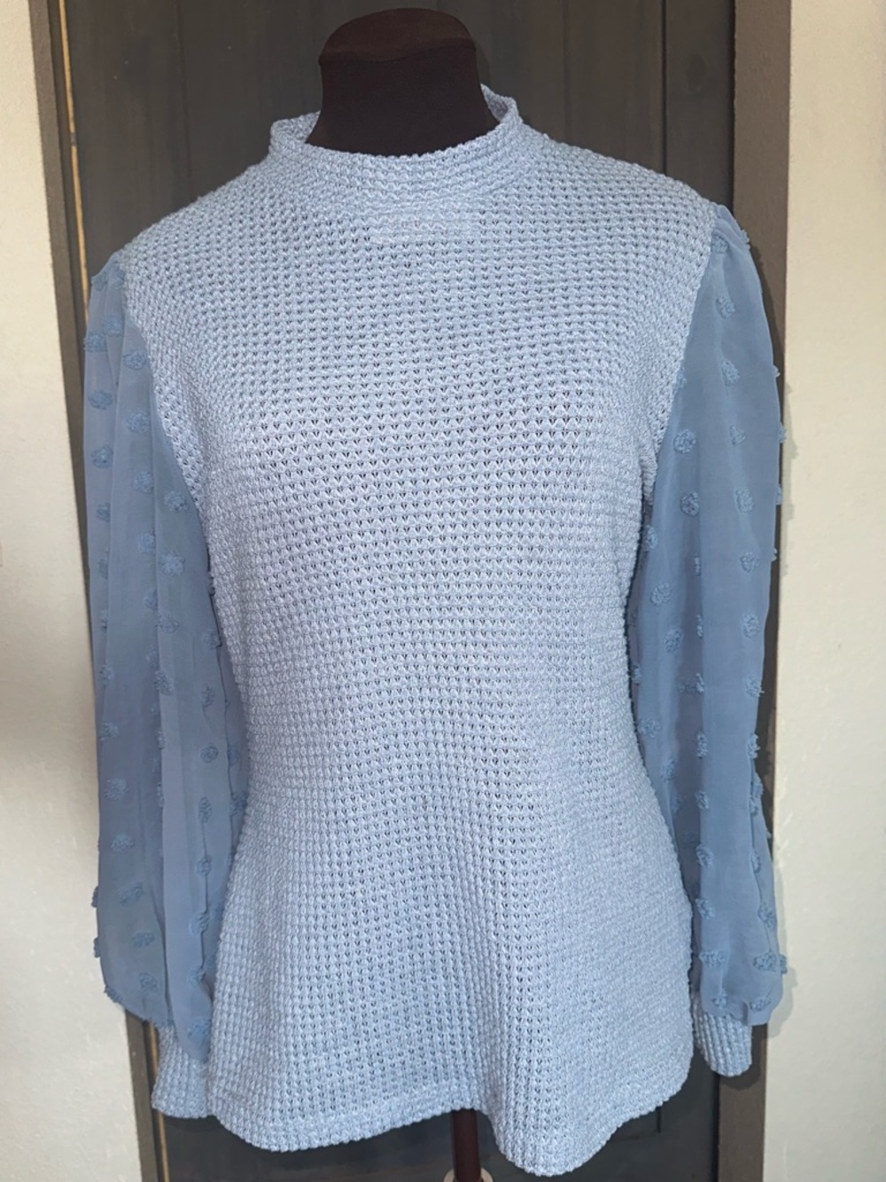 Light Blue Knit Sweater with Sheer Textured Sleeves